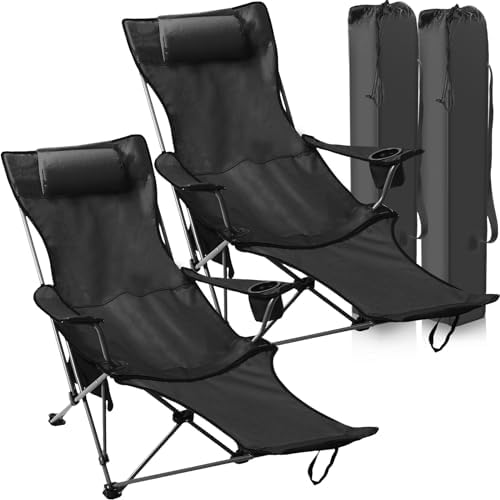 Soaoo 2 Pieces Portable Reclining Camping Chair Adjustable Folding Lawn